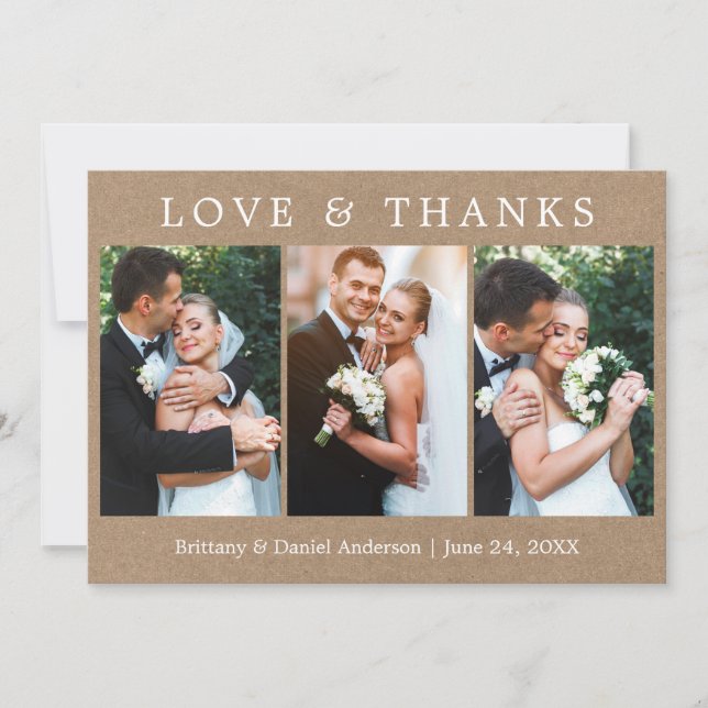 Modern Simple Love Thanks 3 Photo Wedding Kraft Thank You Card (Front)