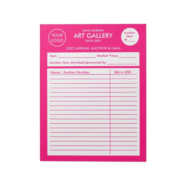 Modern Simple Magenta Add Logo | Auction Sheets Notepad (Rotated)