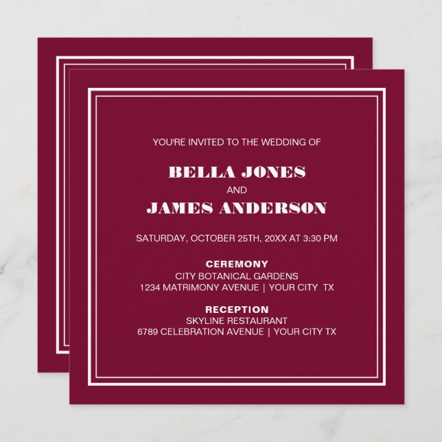 Modern Simple Magenta White Wedding Invitation (Front/Back)