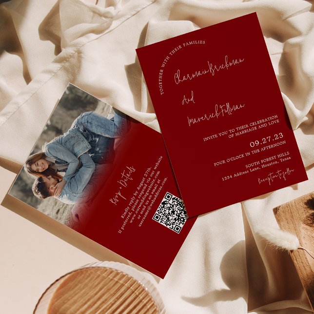 Modern Simple Maroon RSVP QR code Wedding Invitation (Creator Uploaded)