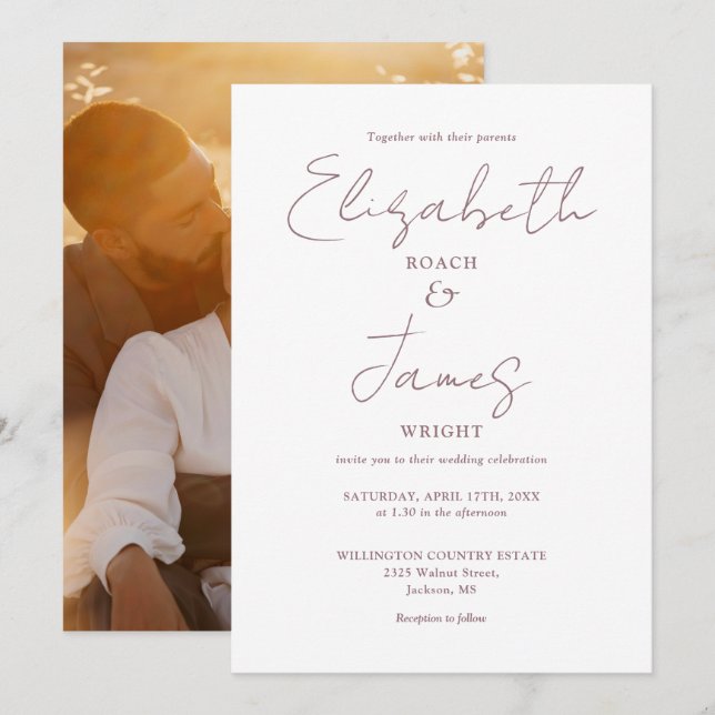Modern Simple Mauve Elegant Script Photo Wedding Invitation (Front/Back)