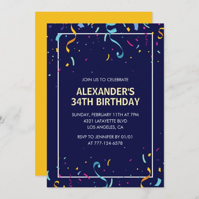 Modern Simple Men Confetti 34th birthday Invitation (Front/Back)