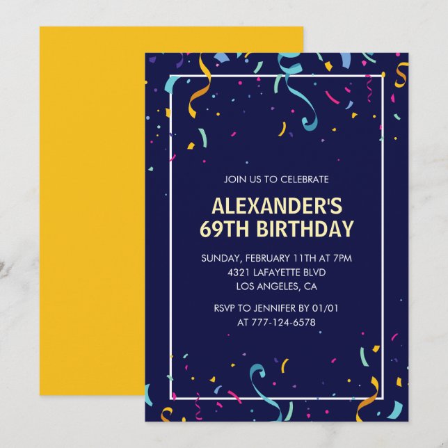Modern Simple Men Confetti 69th birthday Invitation (Front/Back)