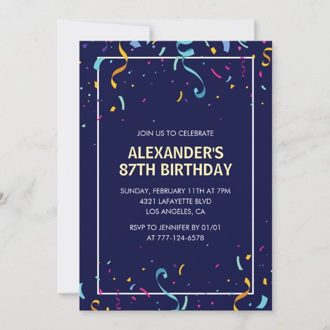 Modern Simple Men Confetti 87th birthday Invitation (Front)