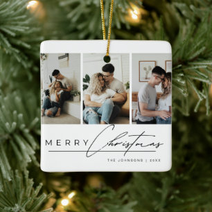 Modern Simple Merry Christmas Elegant Script Photo Ceramic Ornament