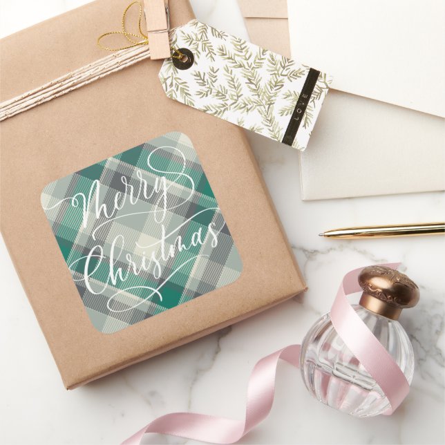 Modern Simple Merry Christmas Green Plaid Square Sticker (Gifting)