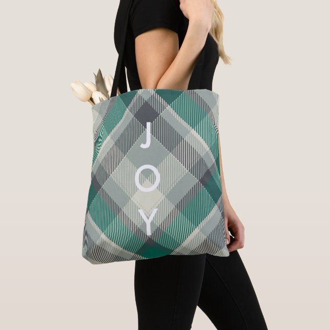 Modern Simple Merry Christmas Green Plaid Tote Bag (Close Up)