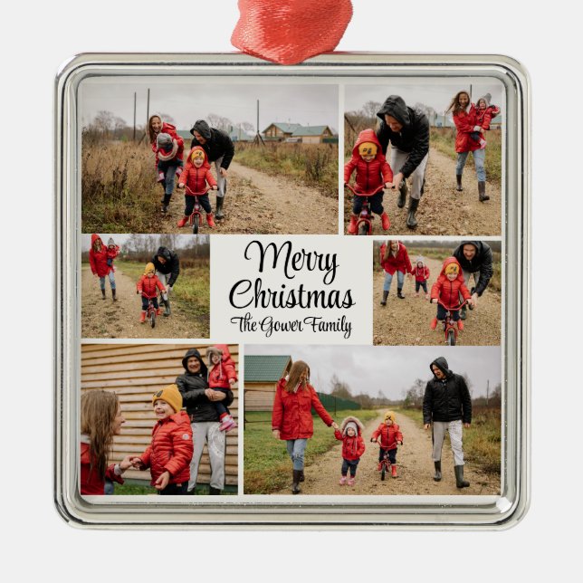 Modern Simple Merry Christmas Photo Collage Metal Ornament (Front)
