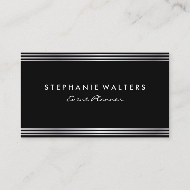 Modern Simple Metallic Silver and Black Business Card (Front)