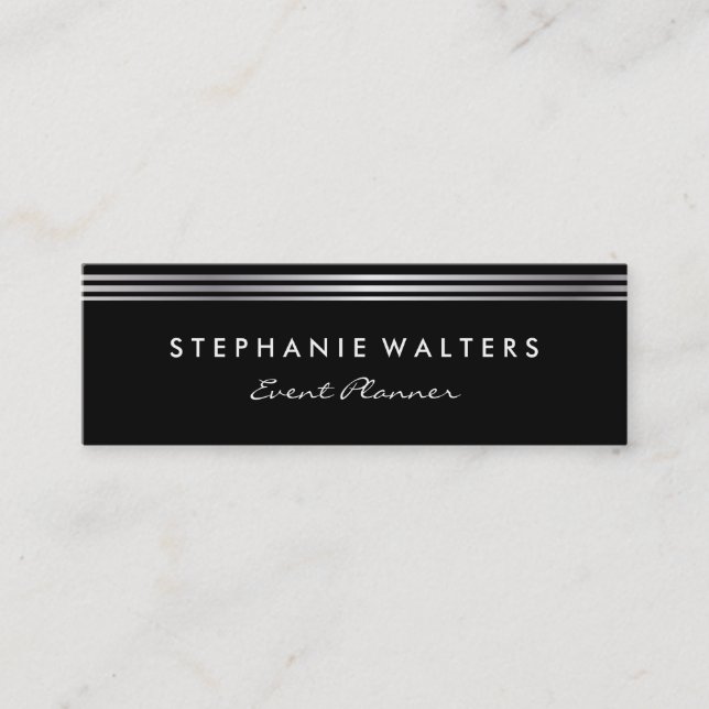 Modern Simple Metallic Silver and Black Mini Business Card (Front)