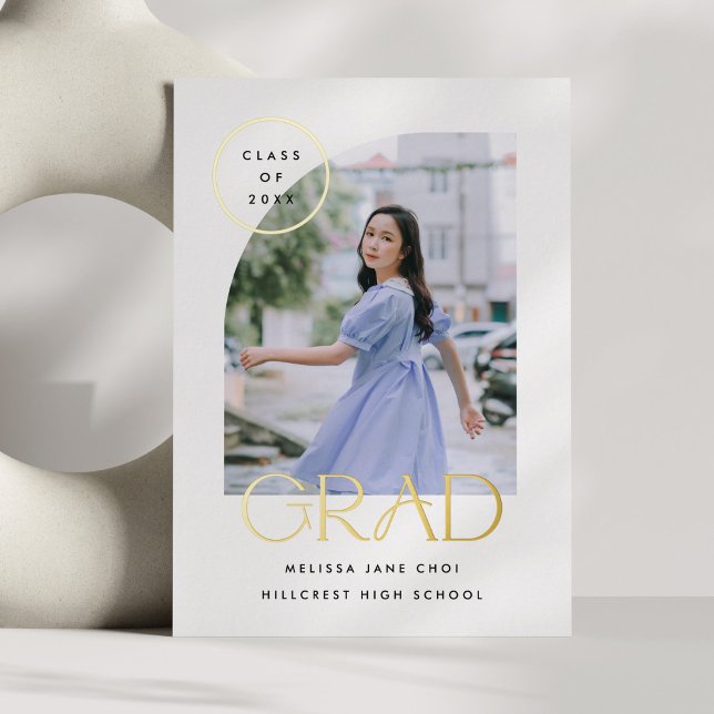 Modern Simple Minimal Curved Arch Graduation Card (modern, simple, minimalist graduation photo announcement with gold foil and curved edge photo frame)
