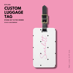 Modern Simple Minimal Pink Love Heart Monogram Luggage Tag