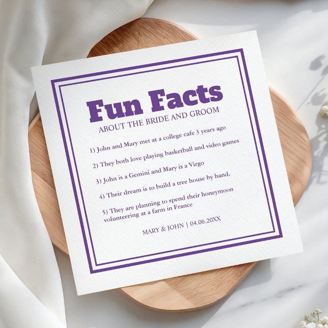 Modern Simple Minimal Purple Fun Facts Wedding Napkin (Creator Uploaded)