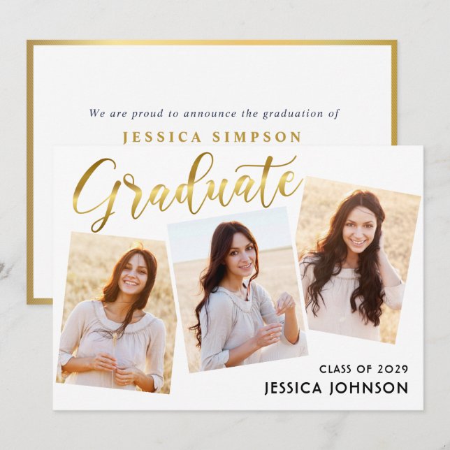 Modern Simple Minimalist 3 PHOTO Graduation Party Invitation (Front/Back)