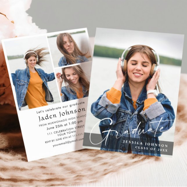 Modern Simple Minimalist 4 PHOTO Graduation Party Invitation (Creator Uploaded)