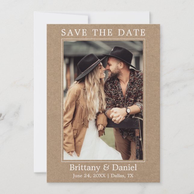 Modern Simple Minimalist Couple Photo Kraft Save The Date (Front)