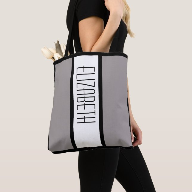 Modern Simple Minimalist Custom Name Grey Stripes Tote Bag (Close Up)