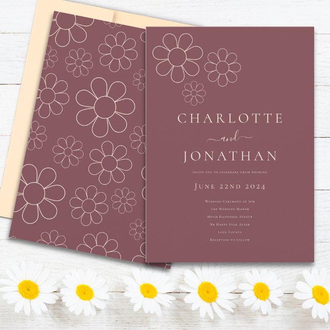 Modern Simple Minimalist Daisy Burgundy Plum Invitation (Retro Minimalist Daisy pattern burgundy plum wedding invitation)