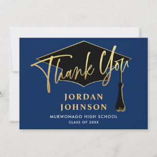 Modern Simple Minimalist Golden Navy Graduation Thank You Card