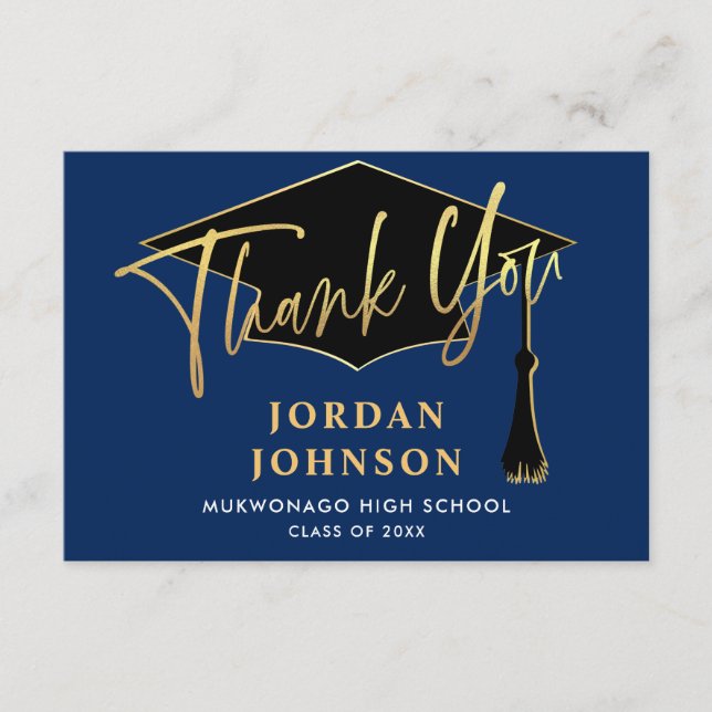 Modern Simple Minimalist Golden Navy Graduation Thank You Card (Front)