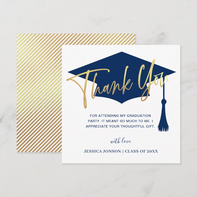Modern Simple Minimalist Golden Navy Graduation  Thank You Card (Front/Back)