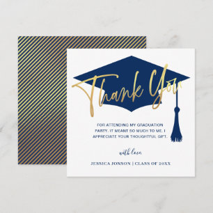 Modern Simple Minimalist Golden Navy Graduation  Thank You Card
