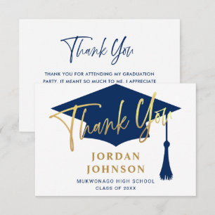 Modern Simple Minimalist Golden Navy Graduation Thank You Card