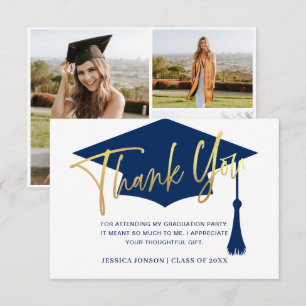 Modern Simple Minimalist Golden Navy Graduation Thank You Card