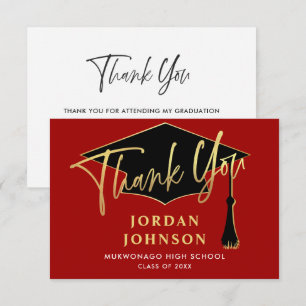 Modern Simple Minimalist Golden Red Graduation Thank You Card