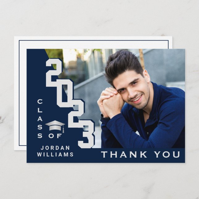 Modern Simple Minimalist Navy Blue Graduation  Thank You Card (Front/Back)