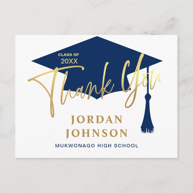 Modern Simple Minimalist Navy Graduation Thank You Postcard (Front)
