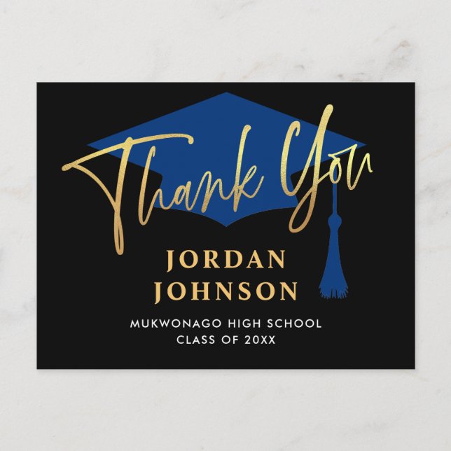 Modern Simple Minimalist Navy Graduation Thank You Postcard (Front)