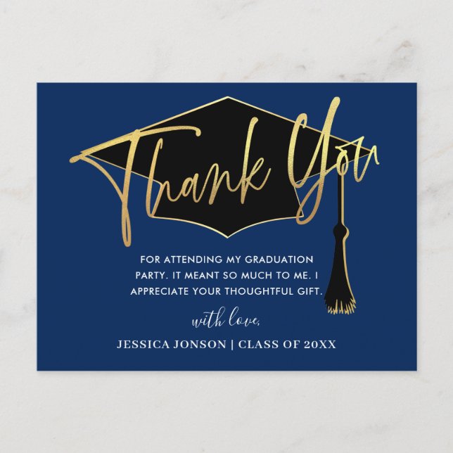 Modern Simple Minimalist Navy Graduation Thank You Postcard (Front)