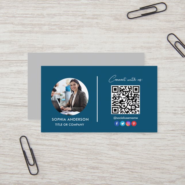 Modern Simple Minimalist QR Code Social Media Blue Business Card (Front/Back In Situ)