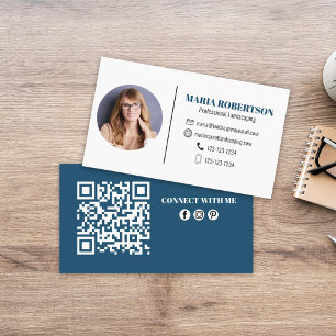 Modern Simple Minimalist QR Code Social Media Blue Business Card