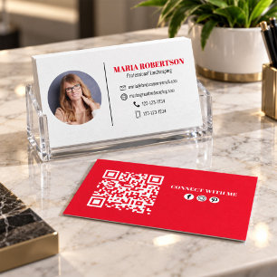 Modern Simple Minimalist QR Code Social Media Red Business Card
