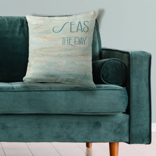 Modern Simple Minimalist Seas the Day Rustic Wood Cushion