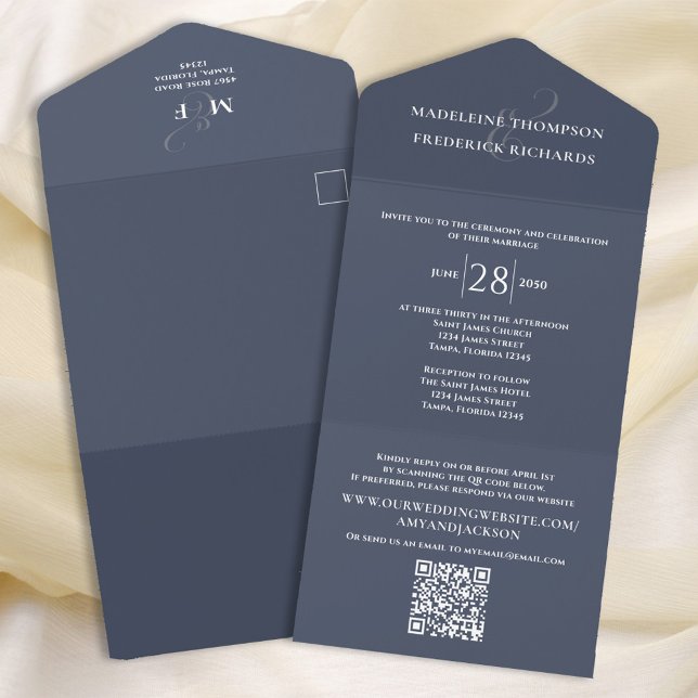 Modern Simple Minimalist Slate Blue | QR Code RSVP All In One Invitation (Creator Uploaded)