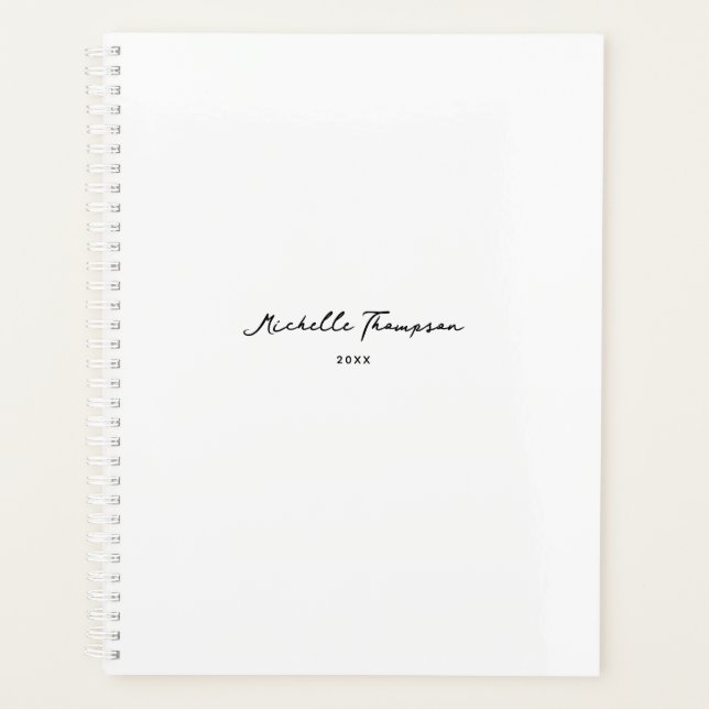 Modern Simple Minimalist White Script Name Planner (Front)