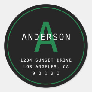 Modern Simple Monogram Address Black Green White Classic Round Sticker