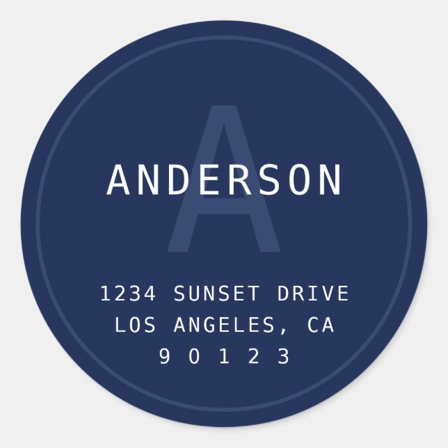 Modern Simple Monogram Address | Navy Blue & White Classic Round Sticker (Front)