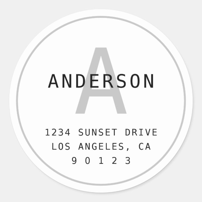 Modern Simple Monogram Address | White Black Grey Classic Round Sticker (Front)
