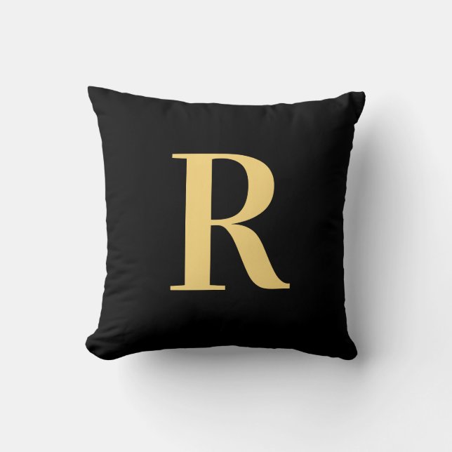 Modern Simple Monogram Black Gold  Cushion (Front)