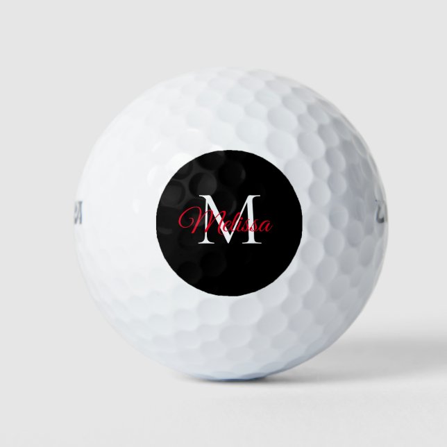 Modern simple monogram black red golf balls (Front)