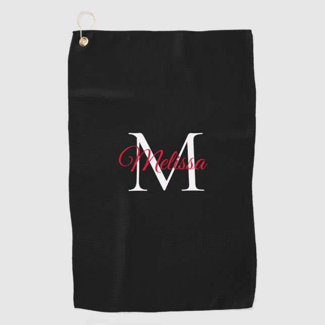 Modern simple monogram black red golf towel (Front)