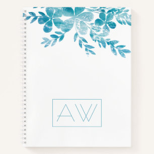 Modern Simple Monogram Blue White Floral Business Notebook