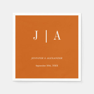 Modern Simple Monogram Burnt Orange White Wedding Napkin