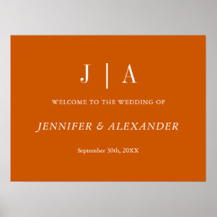 Modern Simple Monogram Burnt Orange White Wedding Poster