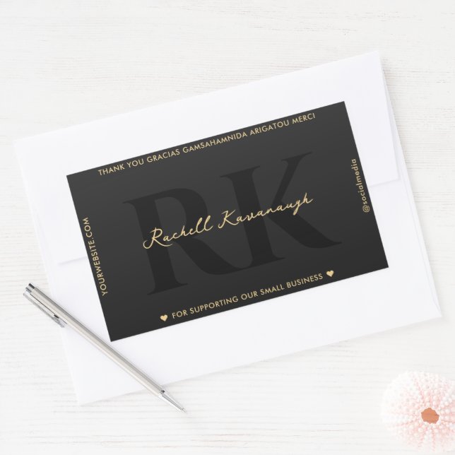 Modern Simple Monogram Elegant Black Gold Rectangular Sticker (Envelope)