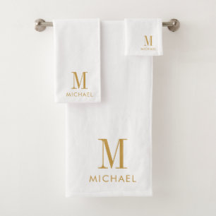 Modern Simple Monogram Gold Script Name White Bath Towel Set